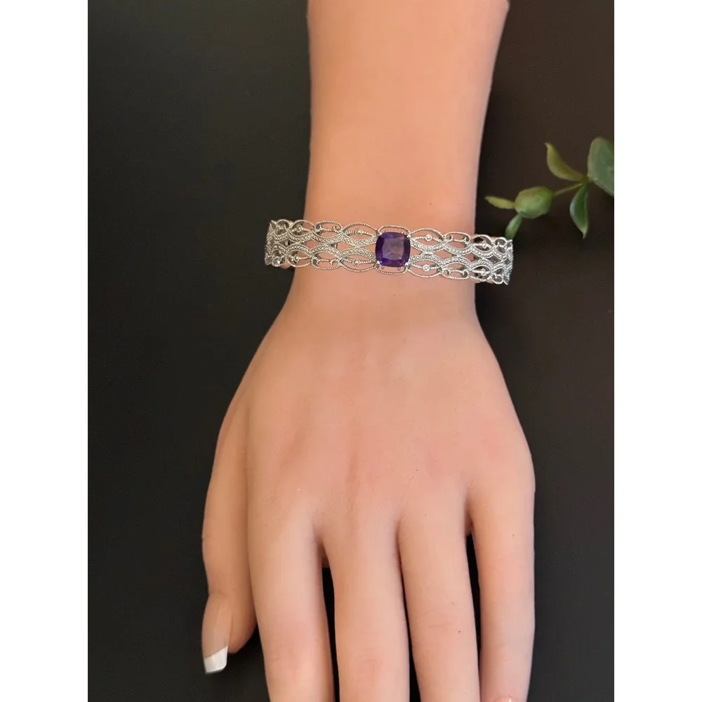 BR Amethyst Purple Stone Filigree Bangle Bracelet Silver Tone Vintage Style